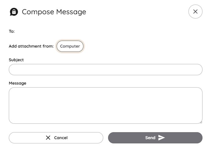 The Compose Message screen, with To, Subject and Message fields and an attachment option