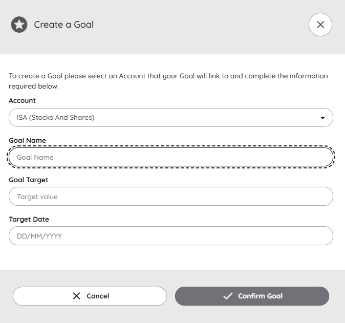 The Create a Goal screen, with Account, Goal Name, Goal Target and Target Date fields