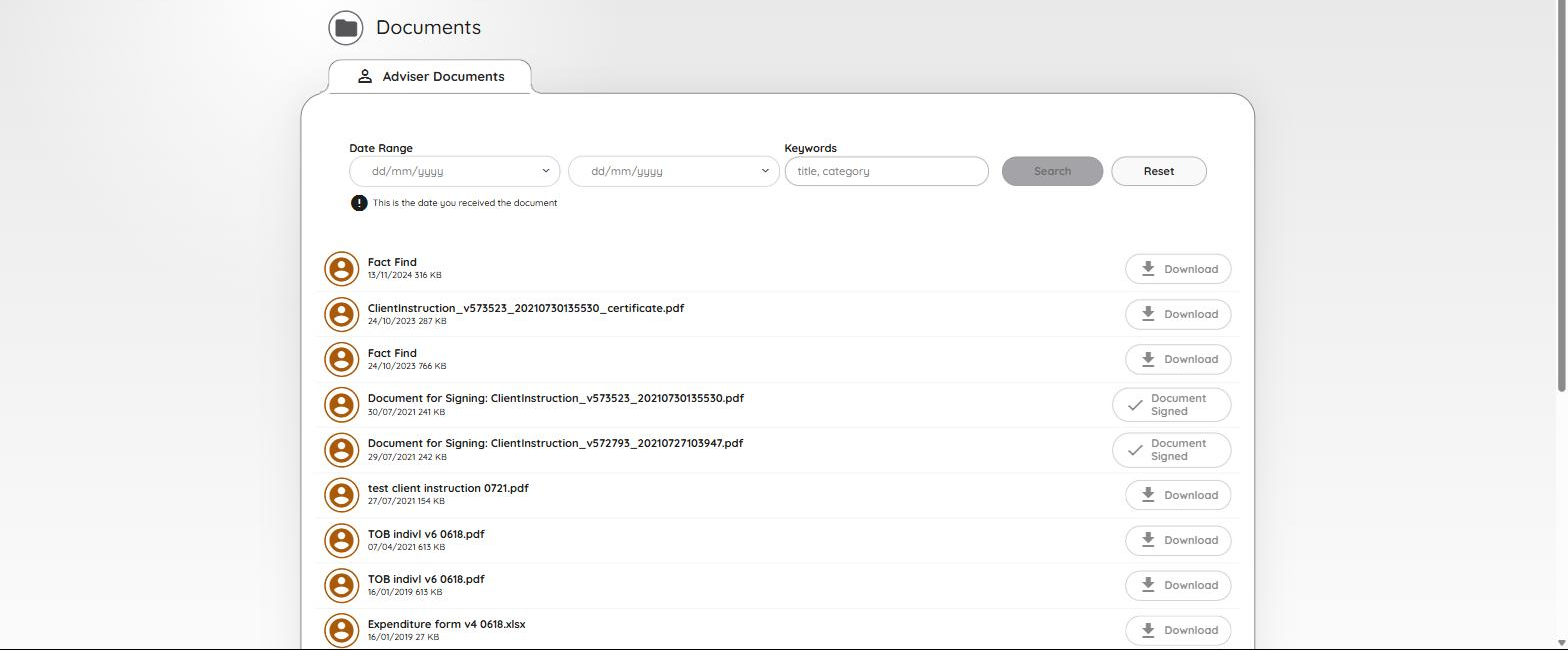 The Documents page, with search and download