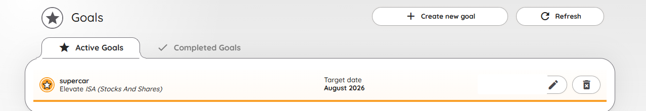 An active goal, showing its linked account, target date, progress, and edit and delete icons