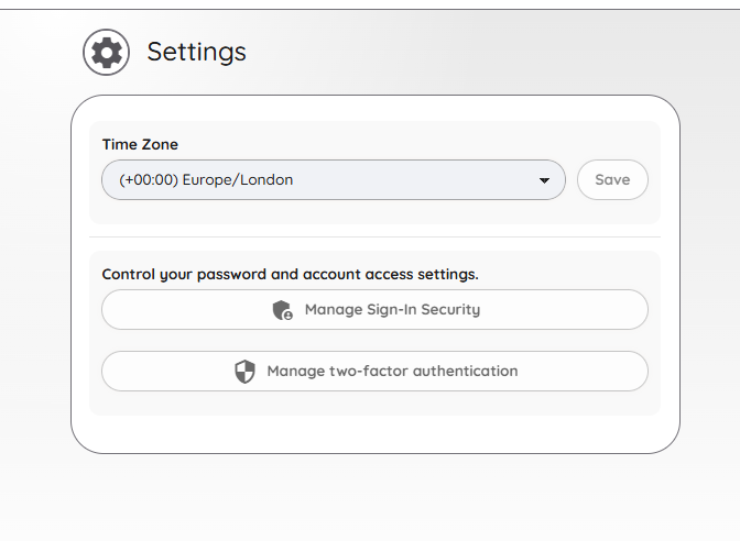 The Settings page, with time zone, sign-in security and two-factor authentication controls